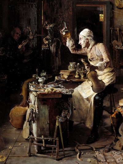 (detail) De Italiaanse vioolbouwer Stradivarius (Antonio Stradivari) (1644-1737) in zijn werkplaats door Antonio Rinaldi