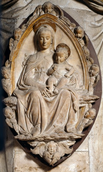 Maagd en kind in mandorla. Laag reliëf sculptuur door Antonio Rossellino