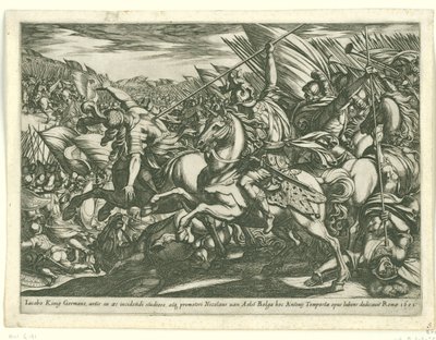 Aanval van de cavalerie met twee door speren doorboorde mannen. Gevechtsscènes (serie 3) (series title) door Antonio Tempesta
