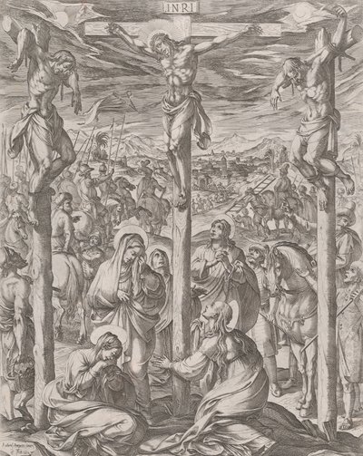 Christus gekruisigd tussen de twee dieven, de drie Maria