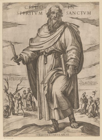 De heilige Bartolomeüs Christus, Maria en de apostelen door Antonio Tempesta