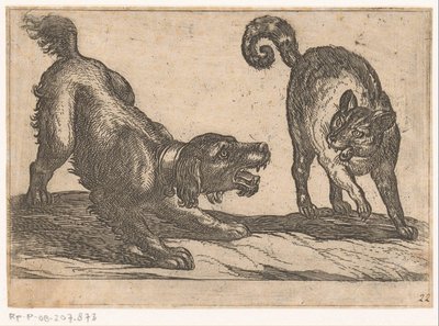 Een hond vechtend met een kat door Antonio Tempesta