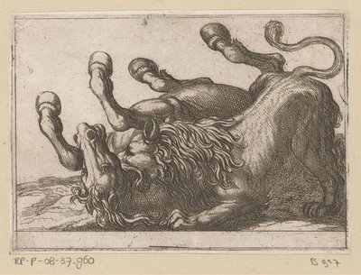 Een leeuw bijt in de nek van een paard door Antonio Tempesta