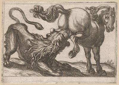 Een paard een leeuw trappend door Antonio Tempesta