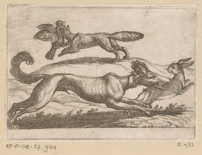 Een vos valt een kip aan en een hond een haas door Antonio Tempesta