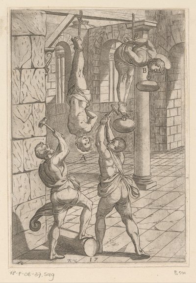 Foltering met hamers terwijl hangend (Martelingen ondergaan door christelijke martelaars, Varia tormentorum et suppliciorum crudelium) door Antonio Tempesta