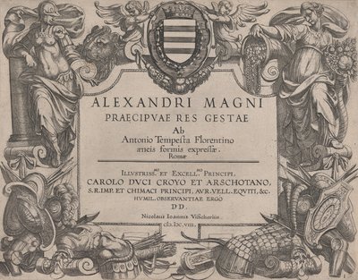 Frontispice van het leven van Alexander de Grote, links is Bellona en rechts een vrouwelijk figuur..., 1608 door Antonio Tempesta