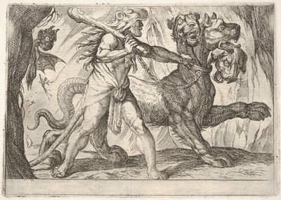 Hercules en Cerberus: Hercules grijpt de halsband van Cerberus, twee demonen verschijnen links..., 1608 door Antonio Tempesta