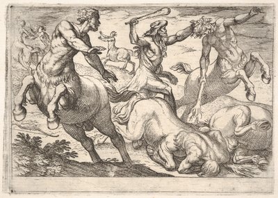 Hercules en de centauren: Hercules houdt het hoofd van een centaur vast met zijn linkerhand en heft..., 1608 door Antonio Tempesta
