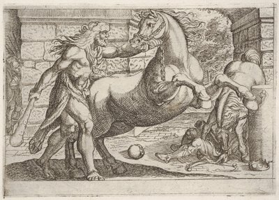 Hercules en de merries van Diomedes: Hercules grijpt het hoofdstel van een steigerend paard door Antonio Tempesta