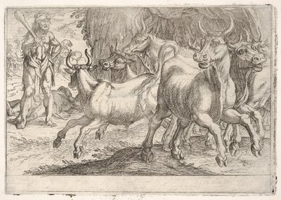 Hercules en de ossen van Geryones: met een opgeheven knuppel in zijn rechterhand, Hercules geconfronteerd door Antonio Tempesta