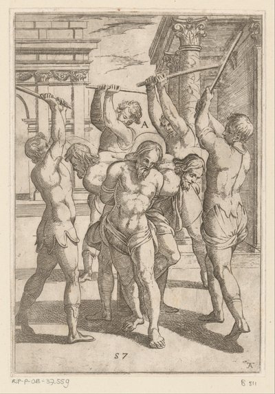 Het slaan van drie heiligen met rug aan elkaar vastgebonden door Antonio Tempesta