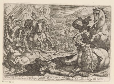 Jozua verlamt de paarden en verbrandt de wagens der volken door Antonio Tempesta