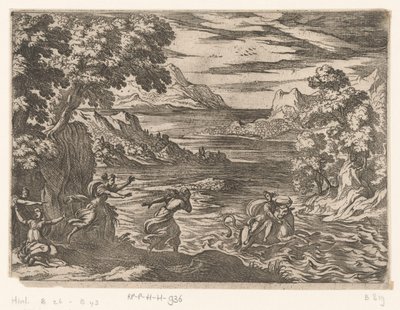 Landschap met de ontvoering van Europa. Landschappen met mythologische scènes door Antonio Tempesta