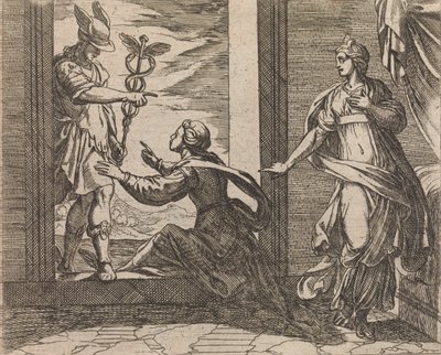 Mercurius verandert Aglauros in steen Aglauros a Mercurio in lapidem transfor..., gepubliceerd na 1606 door Antonio Tempesta