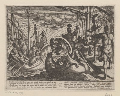 Nederlandse en Romeinse schepen op de Rijn door Antonio Tempesta