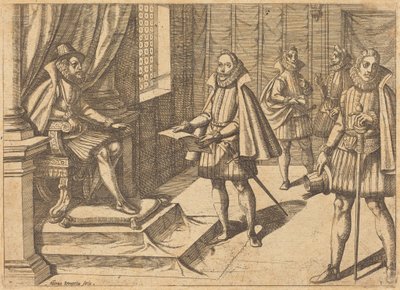 Filips II van Spanje op zijn troon door Antonio Tempesta