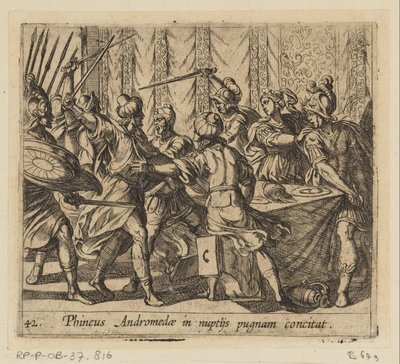 Phineus verstoort de bruiloft van Perseus en Andromeda door Antonio Tempesta