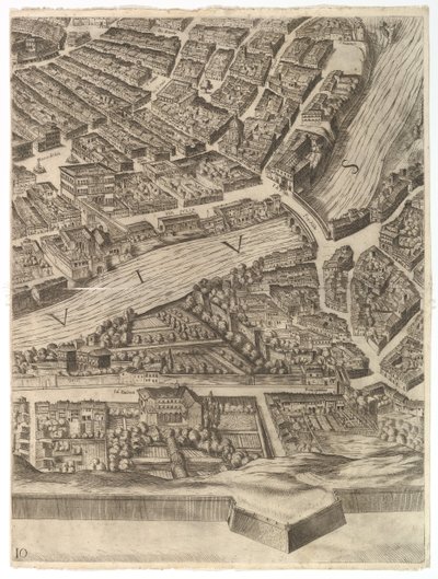 Plan van de Stad Rome. Deel 10 met de Tiber en de Villa Farnesina door Antonio Tempesta
