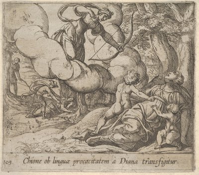Plaat 105: Diana richt haar boog op Chione, die vergezeld wordt door twee kinderen, 1606 door Antonio Tempesta