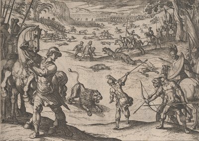 Plaat 11: Alexanders Leeuwenjacht, uit De Daden van Alexander de Grote, 1608 door Antonio Tempesta