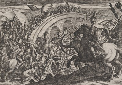 Plaat 11: Troepen van Civilis steken de Maas over, uit De Oorlog van de Romeinen Tegen de ..., 1611 door Antonio Tempesta
