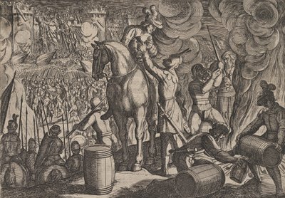 Plaat 13: Aanval op het Romeinse Fort in de Nacht, uit De Oorlog van de Romeinen tegen de Ba..., 1611 door Antonio Tempesta