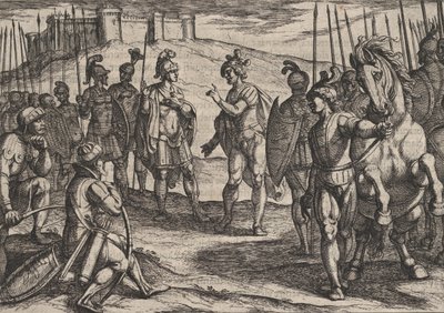 Plaat 15: Civilis onderhandelt met een Romeinse commandant, uit De oorlog van de Romeinen tegen de..., 1611 door Antonio Tempesta