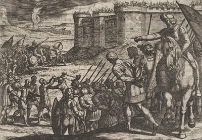 Romeinse gevangenen voor het oude fort, uit De oorlog van de Romeinen tegen de B... door Antonio Tempesta