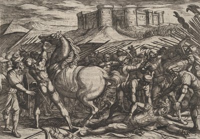 De Romeinen misleid door het paard van Civilis om te geloven dat hij dood of gewond was, 1611 door Antonio Tempesta