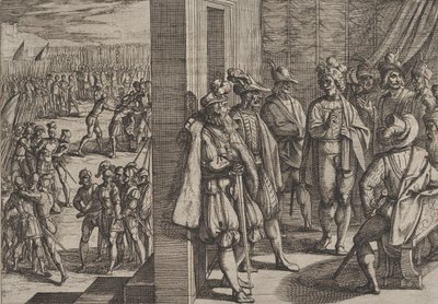 Plaat 18: Geheime bijeenkomst van Civilis met andere leiders uit Trier, uit De Oorlog van de Romeinen, 1611 door Antonio Tempesta