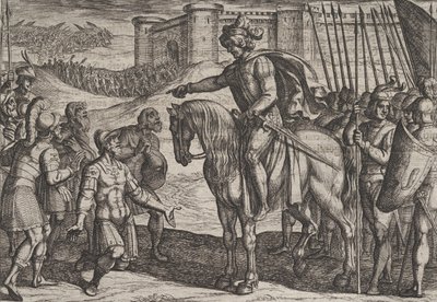 Plaat 19: Mannen van het Fort Geven Zich Over en Beloven Hun Levens aan Civilis, uit De Oorlog, 1611 door Antonio Tempesta
