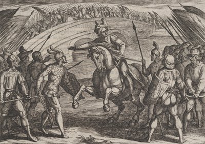 Plaat 22: Civilis scheidt Duitse en Nederlandse troepen, uit De oorlog van de Romeinen tegen de..., 1611 door Antonio Tempesta