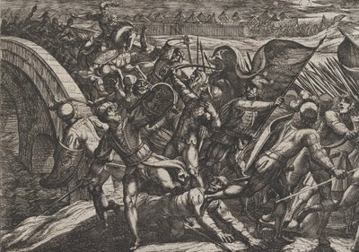 De Nederlanders tijdens een verrassingsaanval op het Romeinse kamp aan de Moezel, uit De Wa..., 1611 door Antonio Tempesta