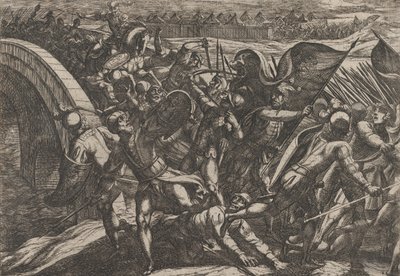 Plaat 27: De Nederlanders Tijdens een Verrassingsaanval op het Romeinse Kamp aan de Moezel, uit De Wa..., 1611 door Antonio Tempesta