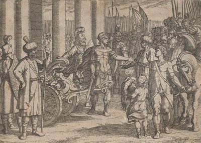 Plaat 2: Alexander Snijdt de Gordiaanse Knoop Door, uit De Daden van Alexander de Grote door Antonio Tempesta