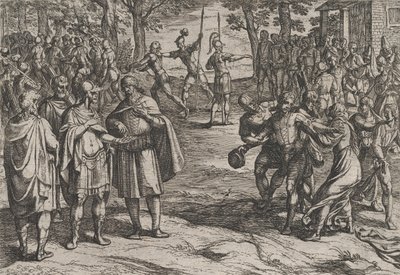 Plaat 2: De Romeinen nemen Oude Nederlandse Mannen als Gijzelaars en Verleiden Jonge Mannen, uit De Oorlog..., 1611 door Antonio Tempesta