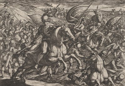 Plaat 30: Cerialis drijft de Nederlanders de Rijn in, uit De oorlog van de Romeinen tegen de..., 1611 door Antonio Tempesta