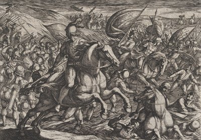 Plaat 30: Cerialis drijft de Nederlanders de Rijn in, uit De oorlog van de Romeinen tegen de..., 1611 door Antonio Tempesta