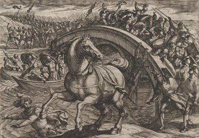 Plaat 31: Civilis gedwongen om af te stijgen en de rivier over te zwemmen, uit De oorlog van de Romeinen..., 1611 door Antonio Tempesta
