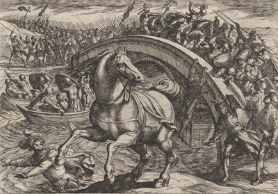 Plaat 31: Civilis gedwongen om af te stijgen en de rivier over te zwemmen, uit De Oorlog van de Romeinen..., 1611 door Antonio Tempesta