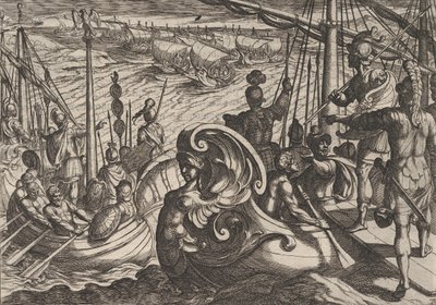 Plaat 33: Nederlandse en Romeinse vloten op de Rijn, uit De oorlog van de Romeinen tegen de Bataven door Antonio Tempesta