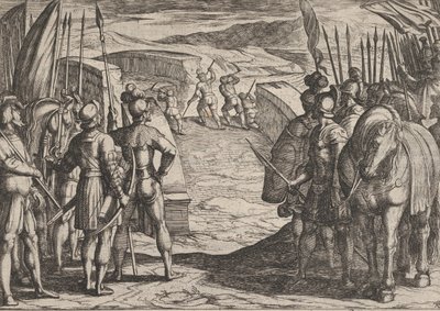 De Bataven worden bang en beginnen vredesbesprekingen, uit De oorlog van de Romeinen, 1611 door Antonio Tempesta