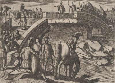 Plate 36: Civilis en Cerialis ontmoeten elkaar op een gebroken brug om een akkoord te bereiken, uit De Oorlog van... door Antonio Tempesta