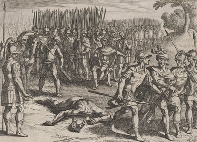 Plaat 3: Claudius Civilis gearresteerd en zijn broer Paulus onthoofd, uit De Oorlog van de Ro..., 1611 door Antonio Tempesta