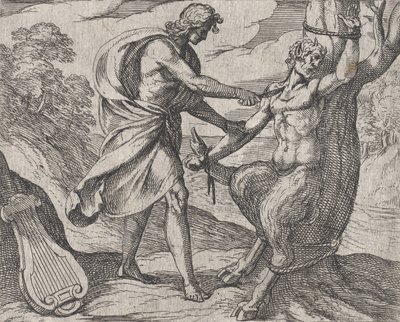 Plaat 58: Apollo doodt Marsyas Marsyas victus ab Apolline excoriatur, uit Ovidius