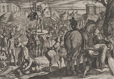 Plaat 5: Bruno benoemd tot leider van de Caninefaten, uit De oorlog van de Romeinen tegen de..., 1611 door Antonio Tempesta