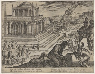 Plaat 5: Graf van Mausolus, steenhouwers maken rechts een zuil, uit De Zeven Wonderen door Antonio Tempesta