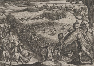 Plaat 6: Romeinen verslagen bij de Rijn, uit De oorlog van de Romeinen tegen de Bataven door Antonio Tempesta