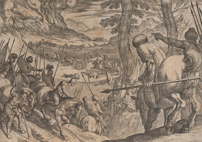 Plate 8: Alexander omsingelt de vijandelijke troepen met vuur, uit De Daden van Alexander de... door Antonio Tempesta